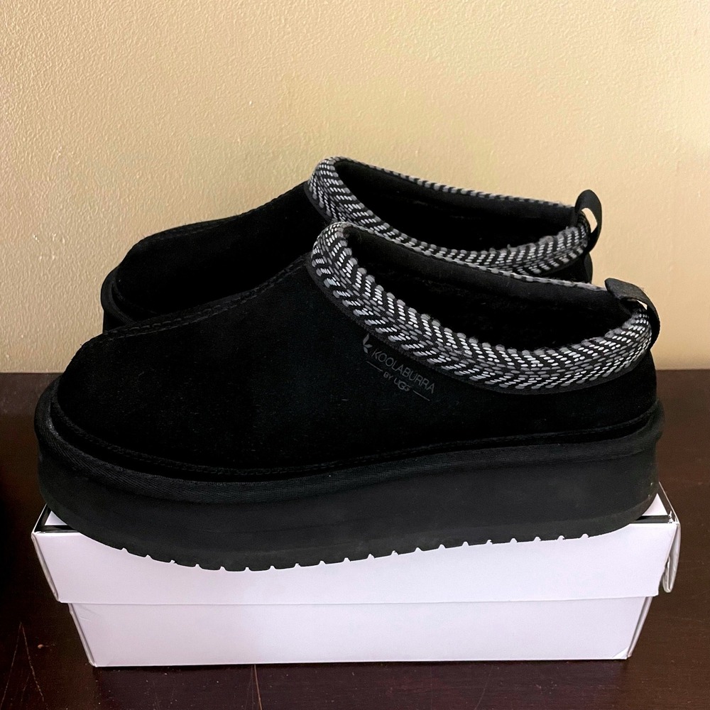 Koolaburra By Ugg Burree Black Suede Platform Slippers Woven Trim Women Shoes